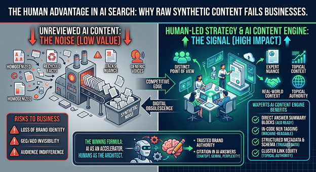 The Human Advantage in AI Search: Why Raw Synthetic Content Fails Businesses vs Human-Led Strategy and Wxperts AI Content Engine