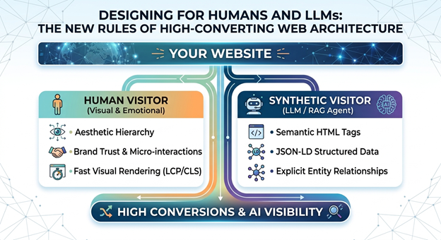 A split-screen digital illustration representing human-centric UX design on one side and structured code blocks with AI nodes on the other.