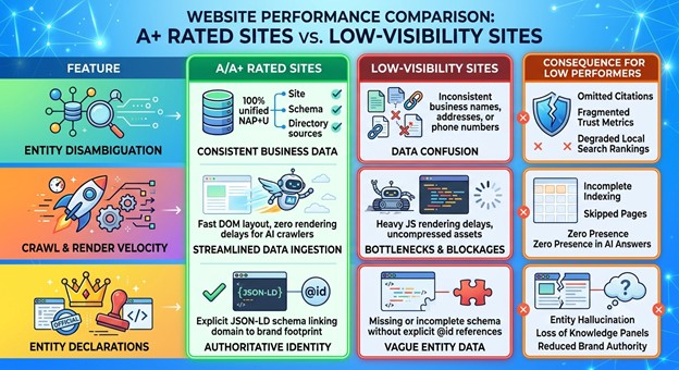 Mastering Canonical Brand Authority: High-Performing Sites vs Low-Visibility Domains in AI Search and Entity Graphs.