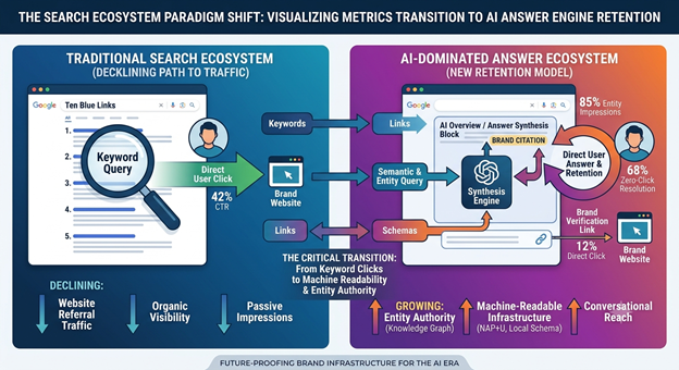 The Search Ecosystem Paradigm Shift: Visualizing metrics transition to AI answer engine retention
